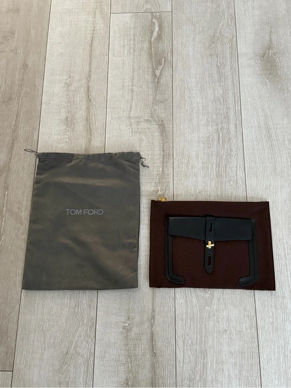 Tom Ford Brown Pouch with Black Leather Trim and Gold Hardware Rialto